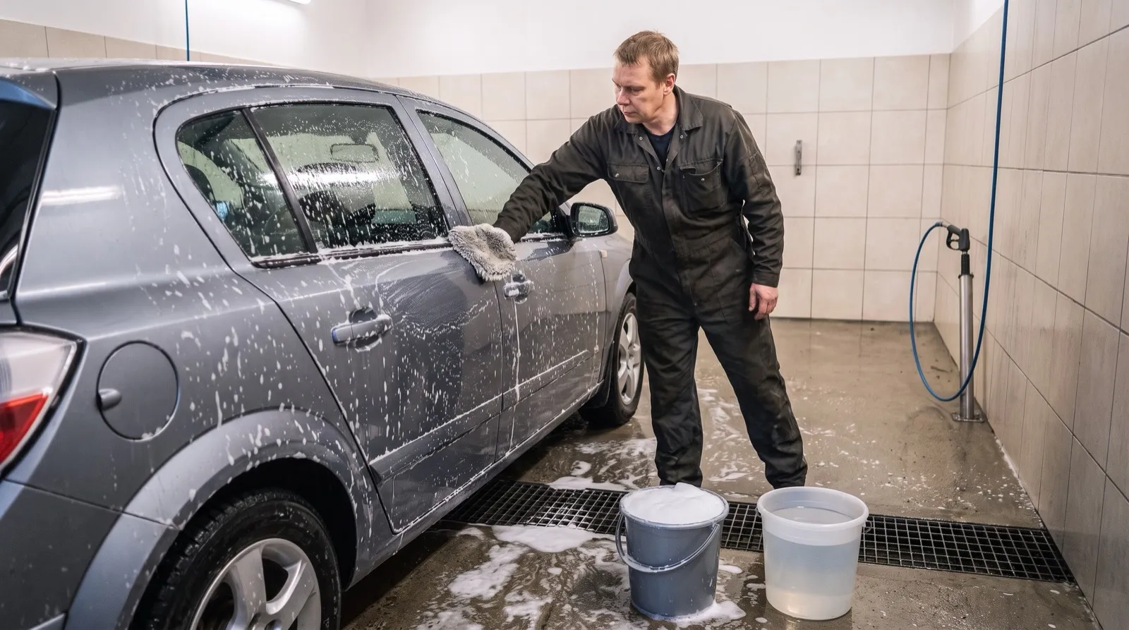 Mies pesee autoa pesukintaalla itsepalvelupesuhallissa, vieressä pesu- ja huuhteluämpärit