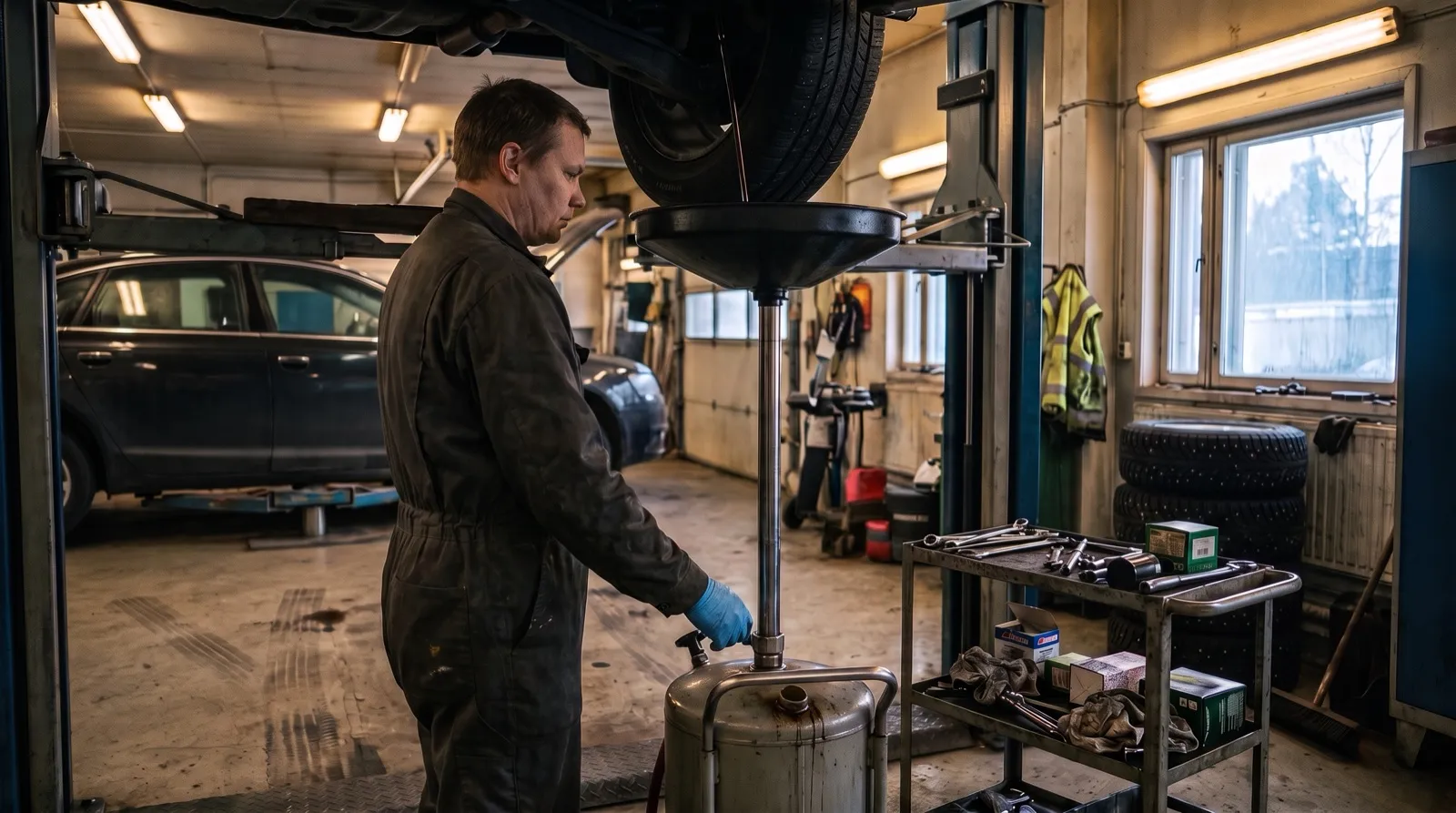 Moottoriöljy valutetaan keräysastiaan auton alla itsepalveluhallissa, auto nostettuna kaksipilarinosturilla